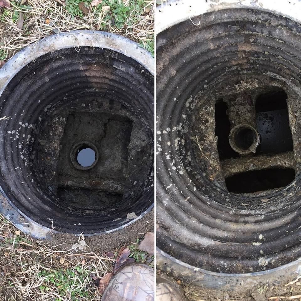 0_0 (8) - ARWWM Open manhole shaft exposing inner chamber with a central bottom hole; the left image shows the interior edge and ground around it. - arwwm