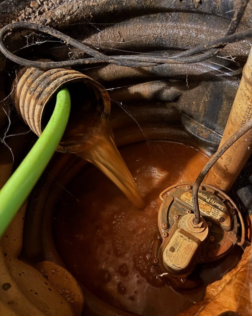 Dirty utility crawl space with a green hose inserted into a corroded pipe, tangled wires, and muddy water pooling around a sump pump area. - arwwm - arwwm