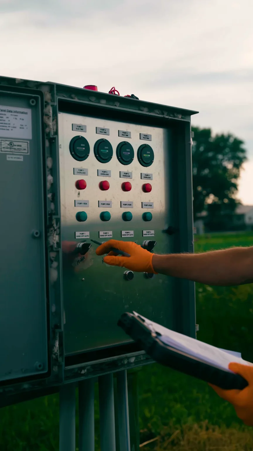 Electrical Checks On Septic 3 - ARWWM - ARWWM Outdoor industrial control panel with green start buttons and red stop buttons; gloved hand operating a switch. - arwwm - arwwm