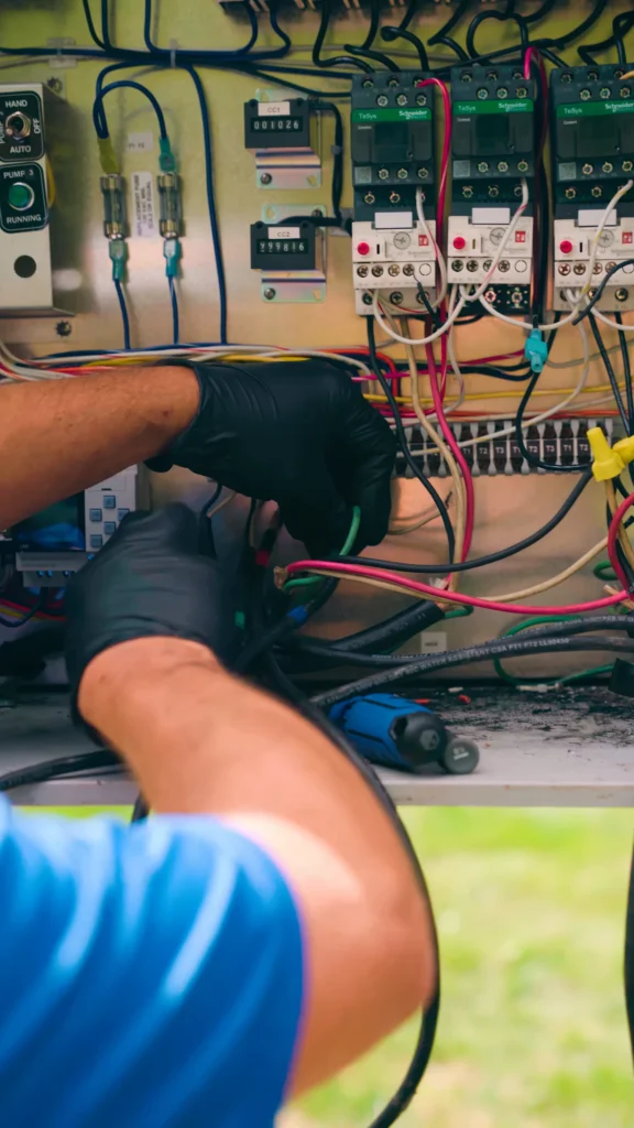 Technician with gloves adjusting wiring inside an electrical control panel with multiple circuit breakers and colorful cables. - arwwm - arwwm