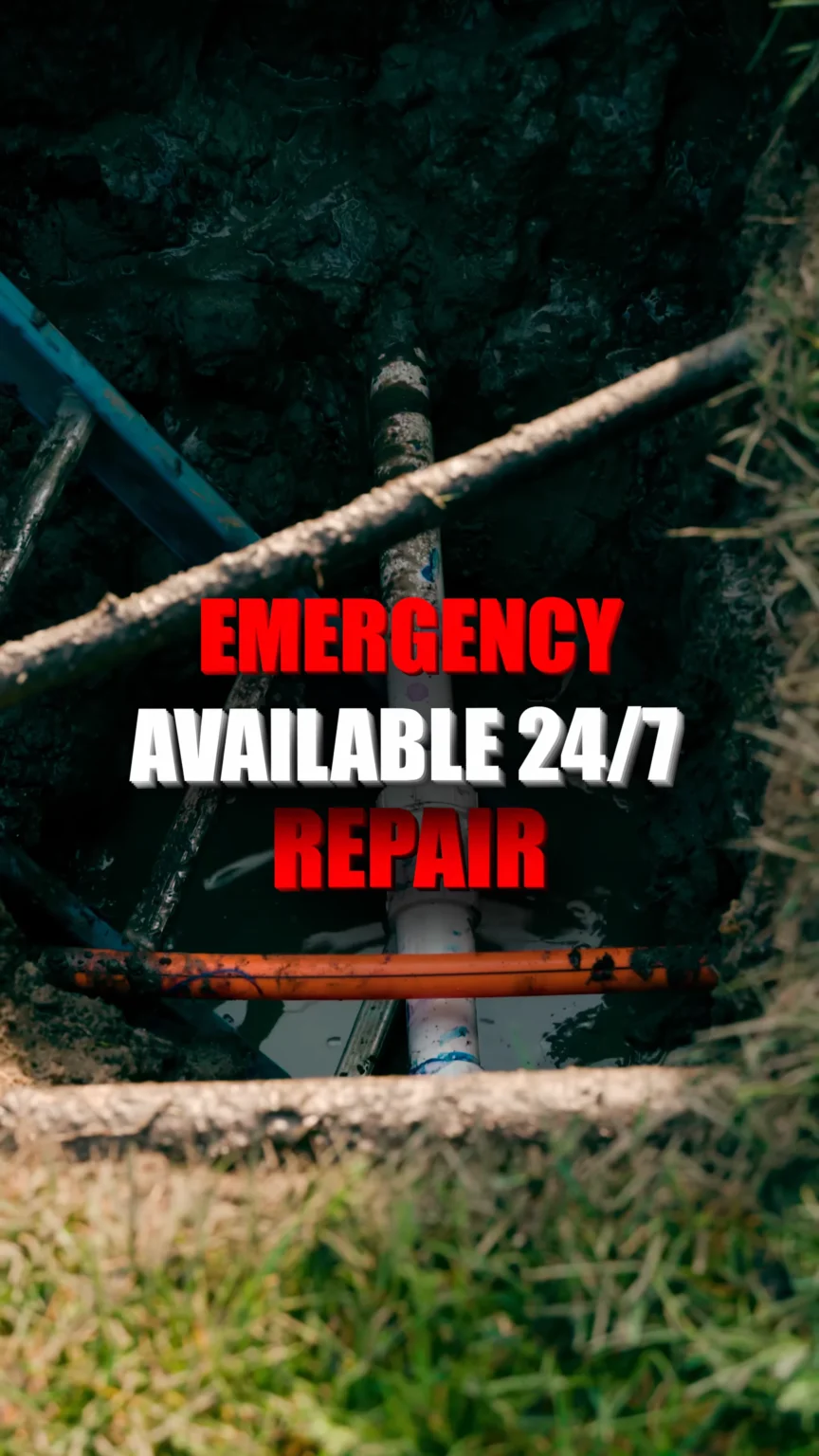 Emergency Repair 1 - ARWWM - ARWWM Emergency pipe repair ad: bold red 'emergency' and 'repair' text over a muddy excavation scene with pipes and ladders visible. - arwwm - arwwm