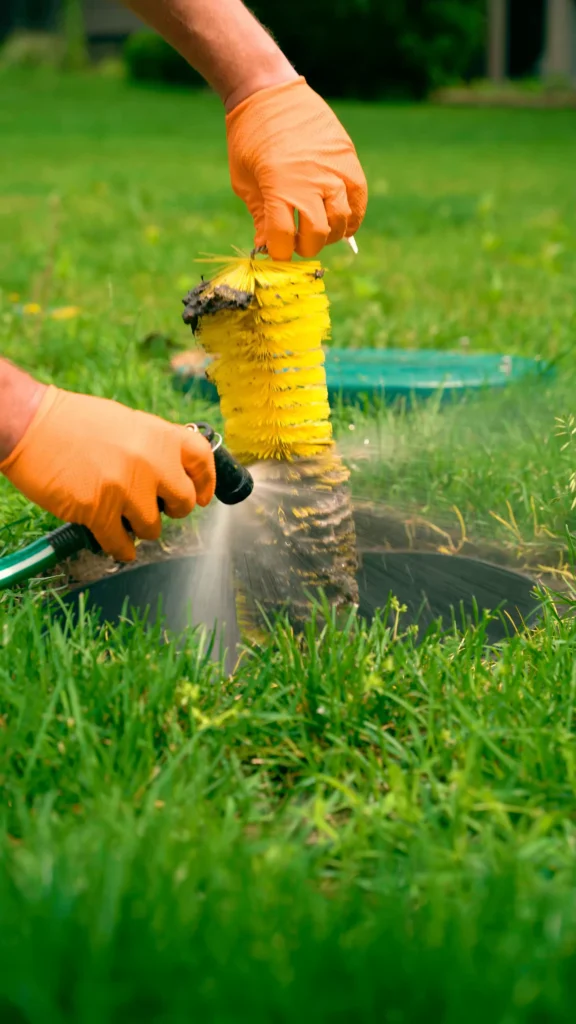 Filter Cleaning 1 - ARWWM - ARWWM Person wearing orange gloves rinses a yellow cleaning brush under a stream of water outdoors. - arwwm - arwwm