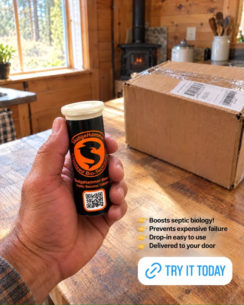 Person holding a bottle of sludgehammer septic booster tablets in a rustic wooden kitchen with a cardboard package on the table behind. - arwwm - arwwm