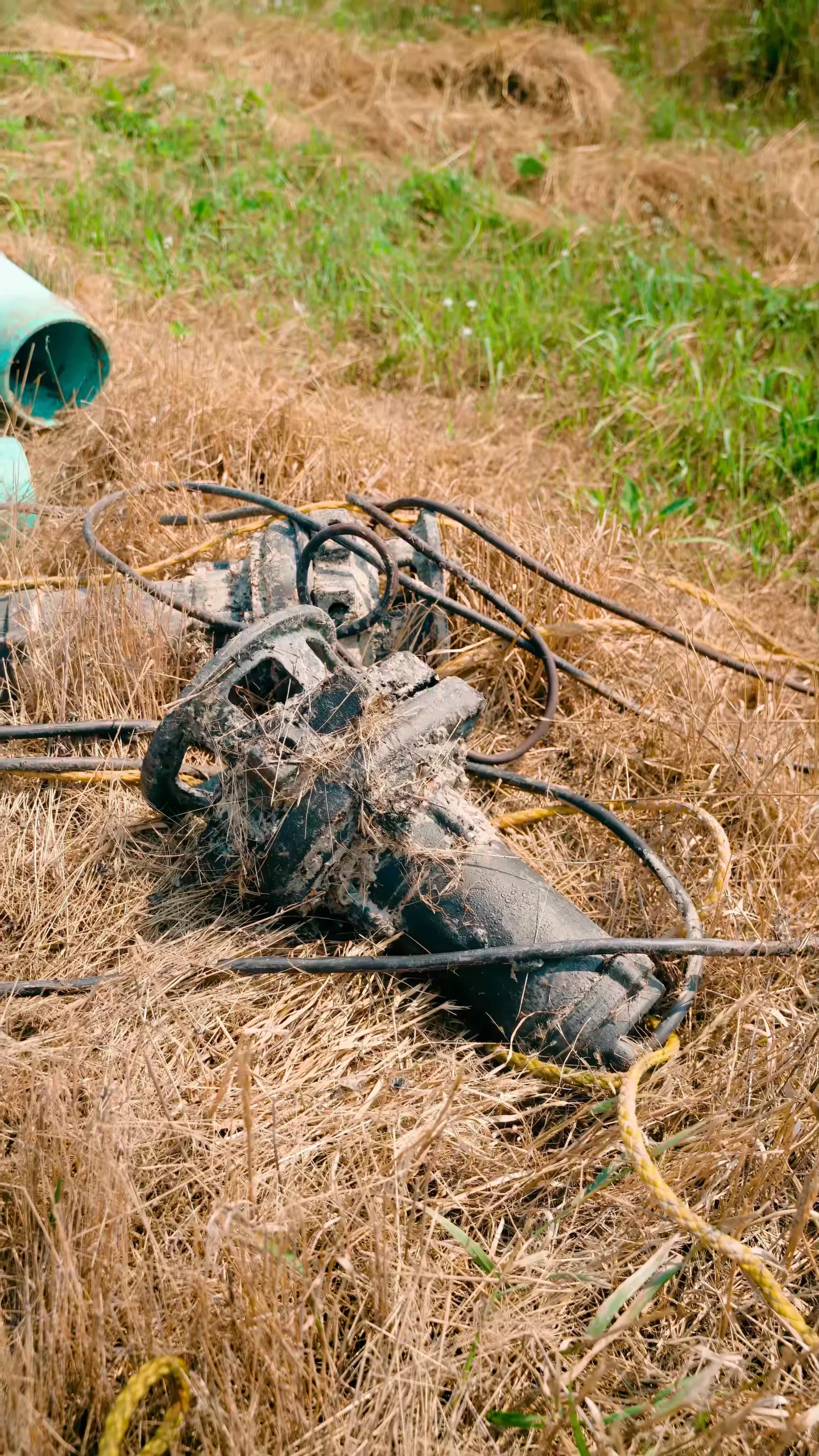 Tangled black cables and a weathered metal box in dry grass in an overgrown field. - arwwm - arwwm