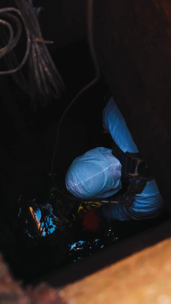 Close-up of blue-gloved hands reaching into a dark space with tangled cables nearby for an inspection. - arwwm - arwwm