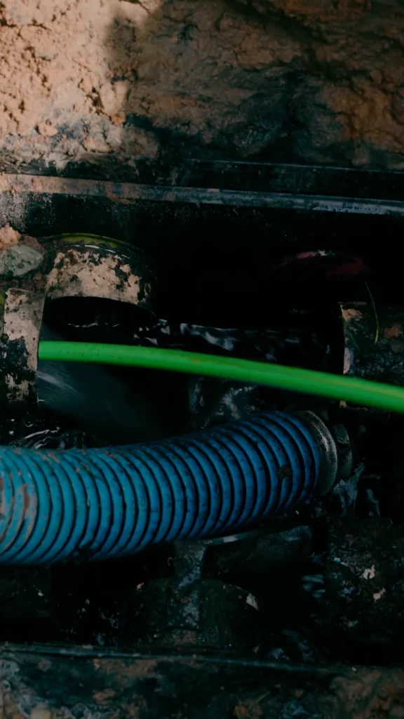 Septic Jetting - ARWWM - ARWWM Underground construction scene with damp rock walls and blue and green hoses running through a tunnel. - arwwm - arwwm