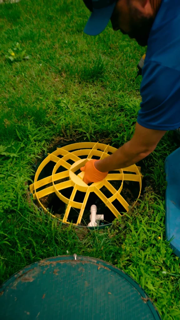 Septic Tank Cover - ARWWM - ARWWM Maintenance worker in blue gear and orange gloves lifting a yellow circular drain cover from a grassy manhole opening. - arwwm - arwwm